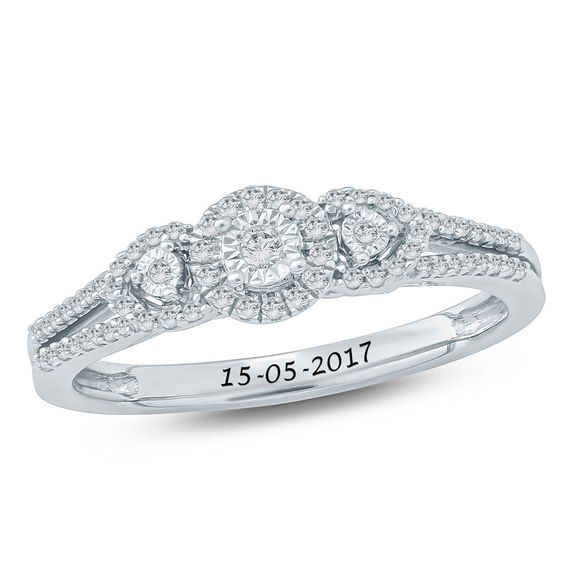 1/5 CT. T.W. Diamond Frame Three Stone Promise Ring in Sterling Silver (1 Line) 1/5 CT. T.W. Diamond Frame Three Stone Promise Ring in Sterling Silver (1 Line)