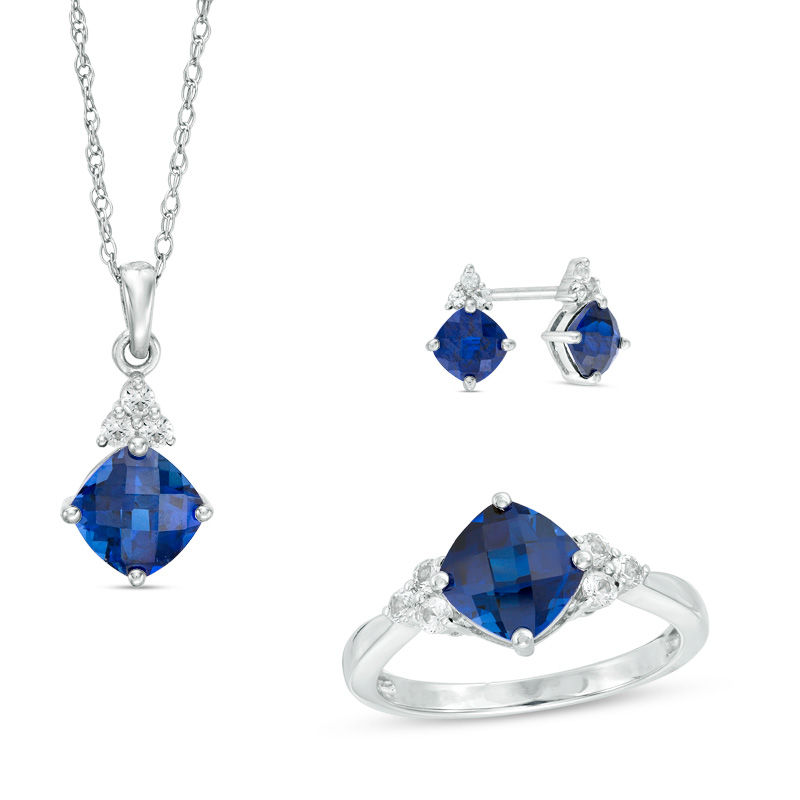 Main Image 1 of Cushion-Cut Lab-Created Ceylon Blue and White Sapphire Tri-Sides Three Piece Set in Sterling Silver