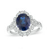 Oval Lab-Created Blue Sapphire and 1/5 CT. T.W. Diamond Vintage-Style Frame Ring in 10K White Gold