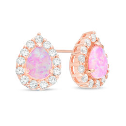 Pear-Shaped Lab-Created Pink Opal and White Sapphire Frame Stud Earrings in Sterling Silver with 18K Rose Gold Plate
