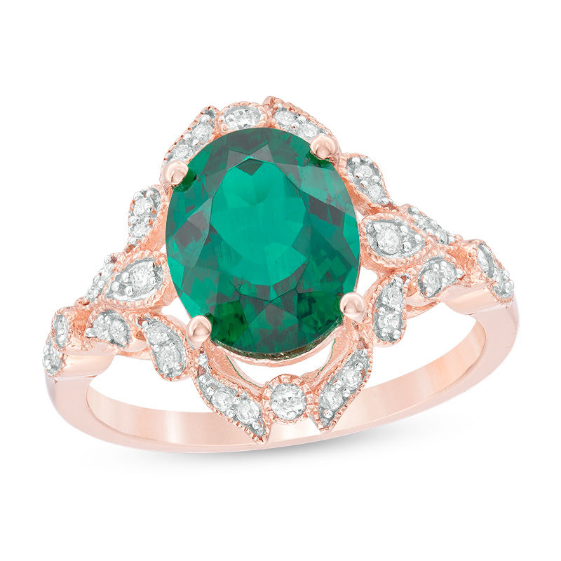 Oval Lab-Created Emerald and 1/5 CT. T.W. Diamond Vintage-Style Frame Ring in 10K Rose Gold