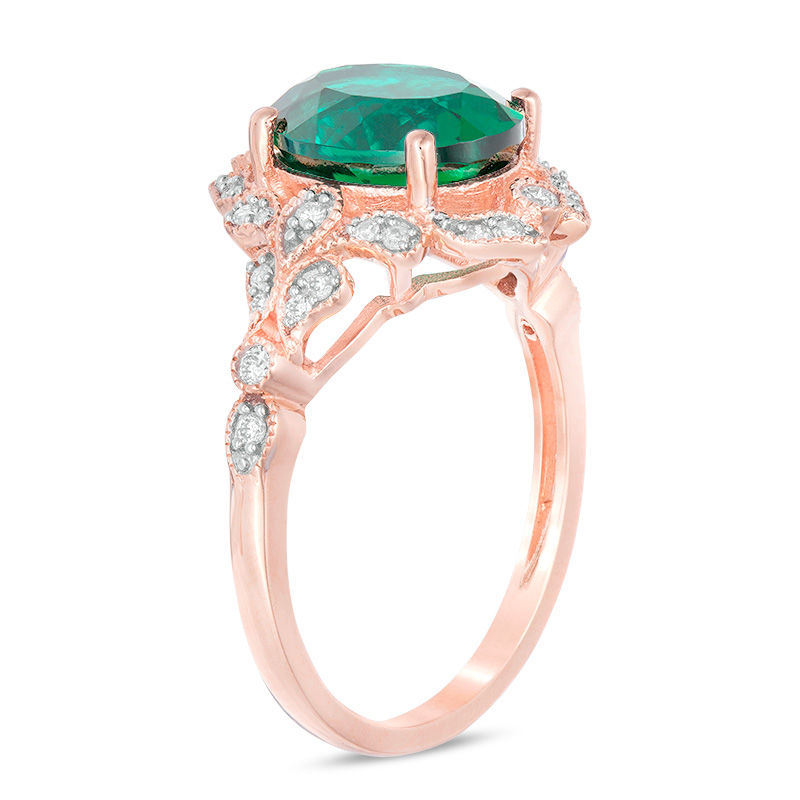 Oval Lab-Created Emerald and 1/5 CT. T.W. Diamond Vintage-Style Frame Ring in 10K Rose Gold