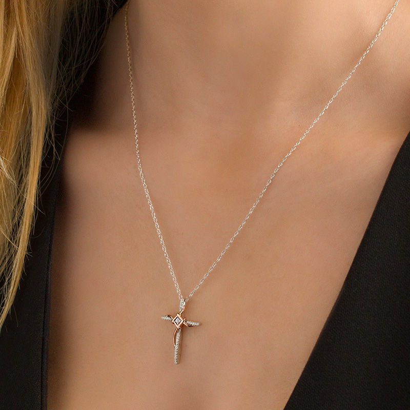 1/10 CT. T.W. Diamond Layered Knot Cross Pendant in Sterling Silver and 10K Rose Gold