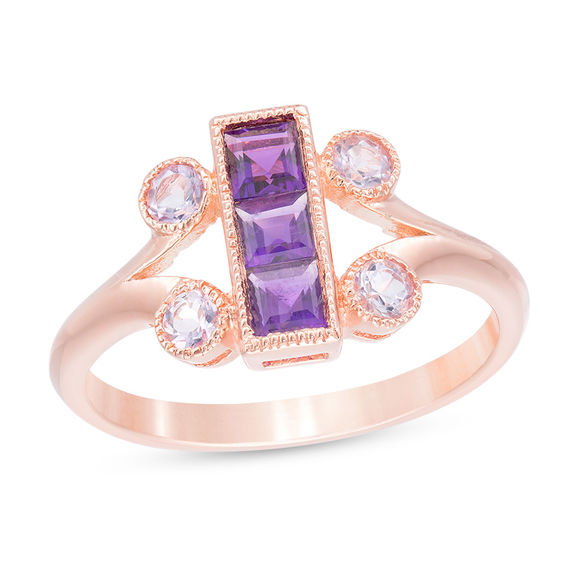 Princess-Cut Rose de France and Purple Amethyst Linear Three Stone Ring in Sterling Silver with Rose Rhodium Princess-Cut Rose de France and Purple Amethyst Linear Three Stone Ring in Sterling Silver with Rose Rhodium