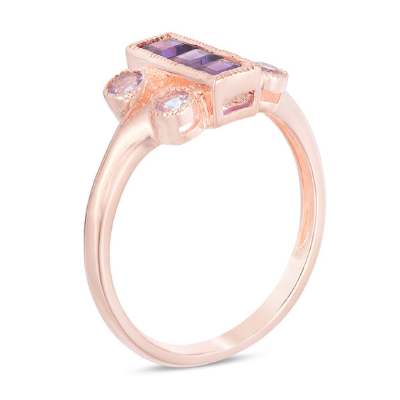Princess-Cut Rose de France and Purple Amethyst Linear Three Stone Ring in Sterling Silver with Rose Rhodium Princess-Cut Rose de France and Purple Amethyst Linear Three Stone Ring in Sterling Silver with Rose Rhodium