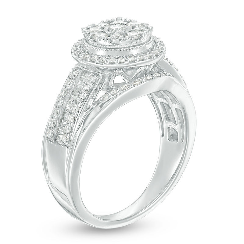 1 CT. T.W. Composite Diamond Frame Multi-Row Vintage-Style Engagement Ring in 10K White Gold