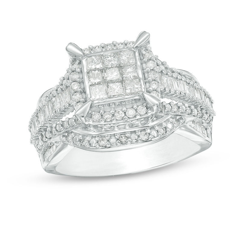 Main Image 1 of 1 CT. T.W. Composite Princess-Cut Diamond Frame Multi-Row Engagement Ring in 10K White Gold
