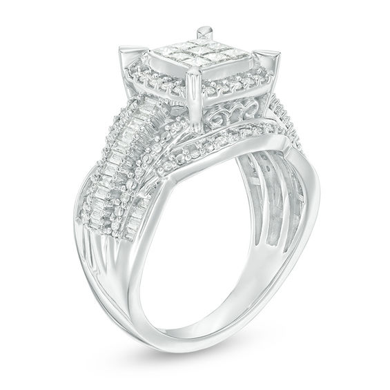 1 CT. T.w. Composite Princess-Cut Diamond Frame Multi-Row Engagement Ring in 10K White Gold