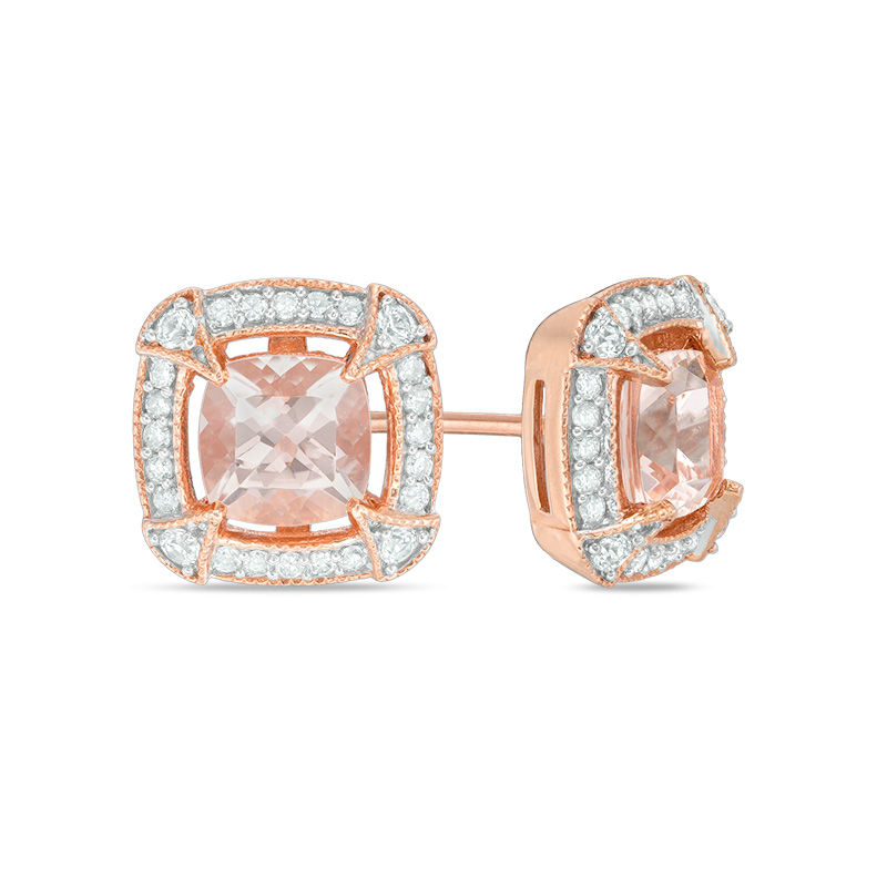 6.0mm Morganite, Lab-Created White Sapphire and 1/5 CT. T.W. Diamond Vintage-Style Frame Stud Earrings in 10K Rose Gold
