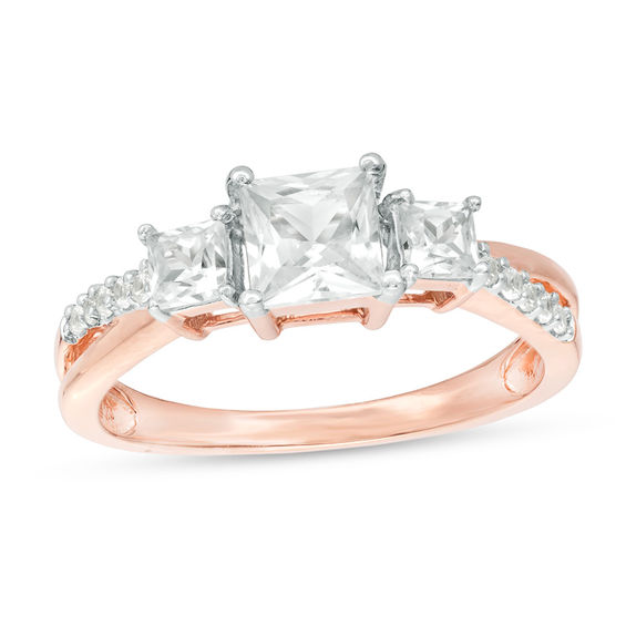 Princess-Cut Lab-Created White Sapphire Three Stone Engagement Ring in 10K Rose Gold