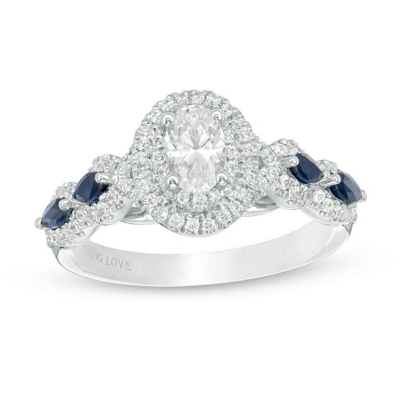 Vera Wang Love Collection 1 CT. T.W. Oval Diamond and Blue Sapphire Frame Engagement Ring in 14K White Gold