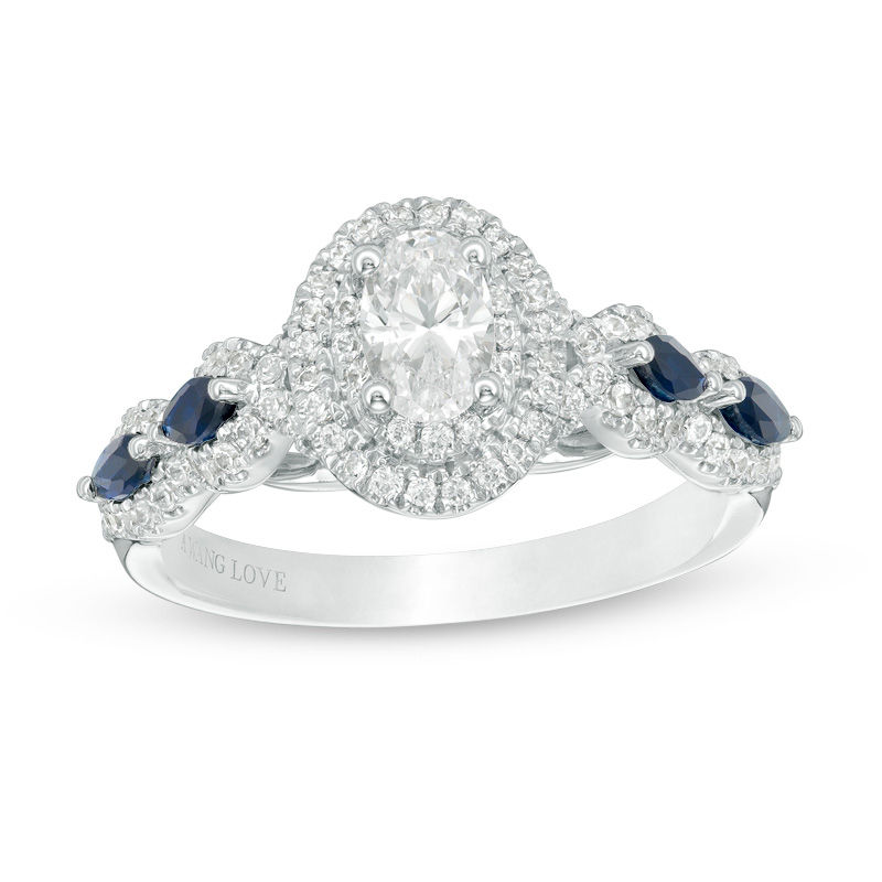 Main Image 1 of Vera Wang Love Collection 1 CT. T.W. Oval Diamond and Blue Sapphire Frame Engagement Ring in 14K White Gold