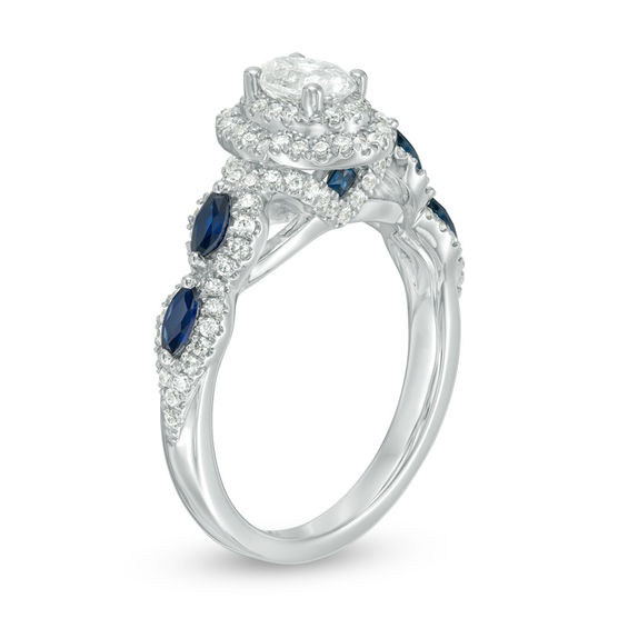 Vera Wang Love Collection 1 CT. T.w. Oval Diamond and Blue Sapphire Frame Engagement Ring in 14K White Gold