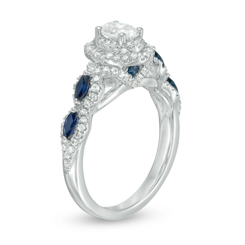 Vera Wang Love Collection 1 CT. T.W. Oval Diamond and Blue Sapphire Frame Engagement Ring in 14K White Gold