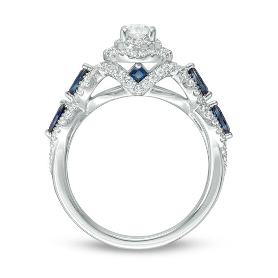 Vera Wang Love Collection 1 CT. T.w. Oval Diamond and Blue Sapphire Frame Engagement Ring in 14K White Gold