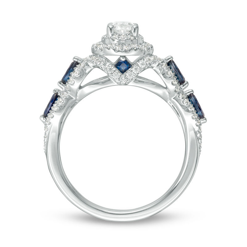 Vera Wang Love Collection 1 CT. T.W. Oval Diamond and Blue Sapphire Frame Engagement Ring in 14K White Gold
