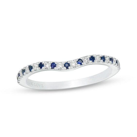 Vera Wang Love Collection Blue Sapphire and 1/15 CT. T.w. Diamond Contour Wedding Band in 14K White Gold