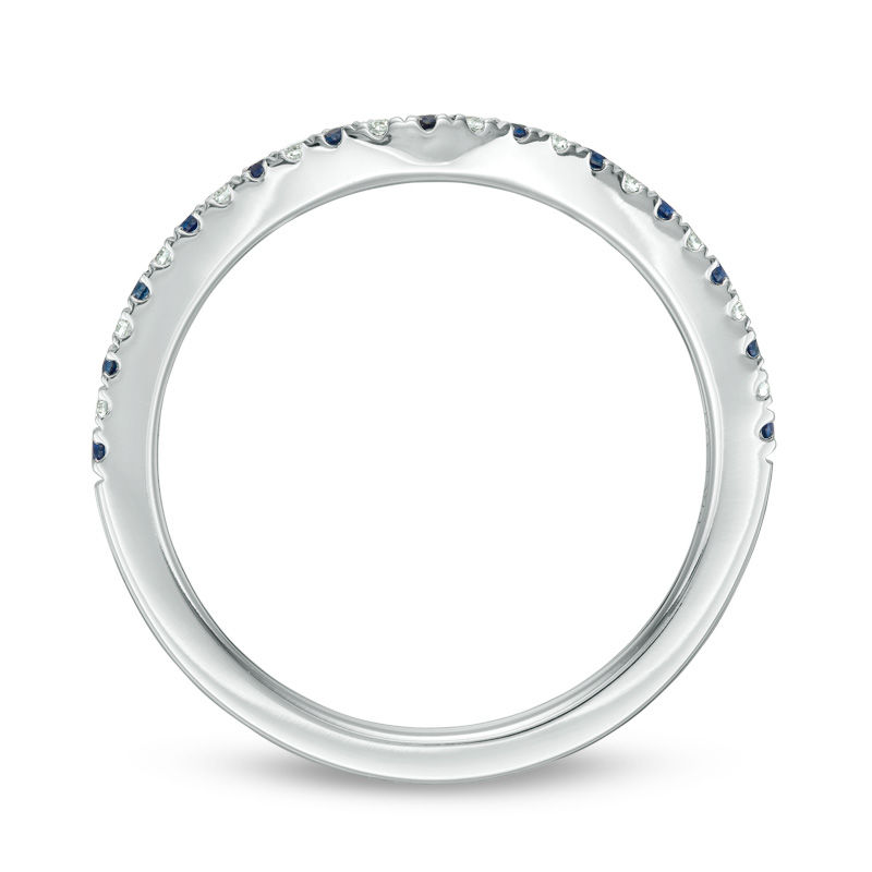 Vera Wang Love Collection Blue Sapphire and 1/15 CT. T.W. Diamond Contour Wedding Band in 14K White Gold