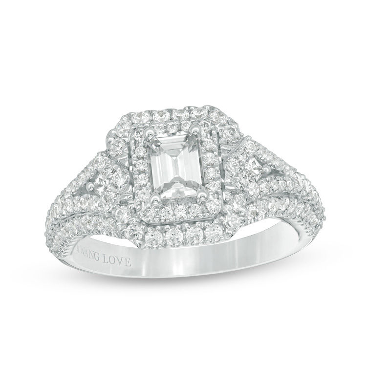 Main Image 1 of Vera Wang Love Collection 1-1/3 CT. T.W. Emerald-Cut Diamond Frame Arrow-Sides Engagement Ring in 14K White Gold