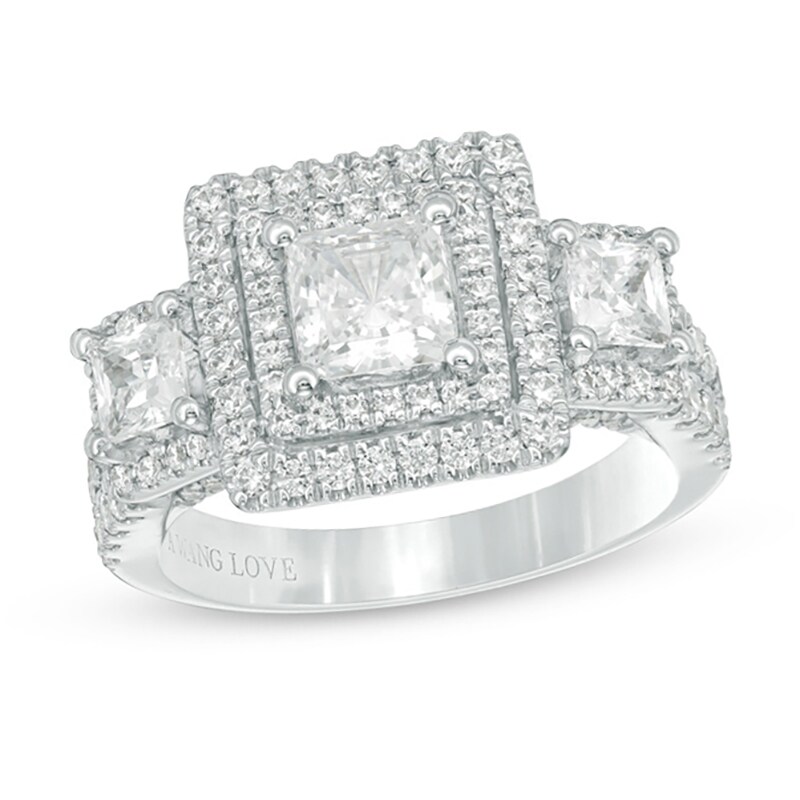 Main Image 1 of Vera Wang Love Collection 2-1/2 CT. T.W. Princess-Cut Diamond Three Stone Frame Engagement Ring in 14K White Gold