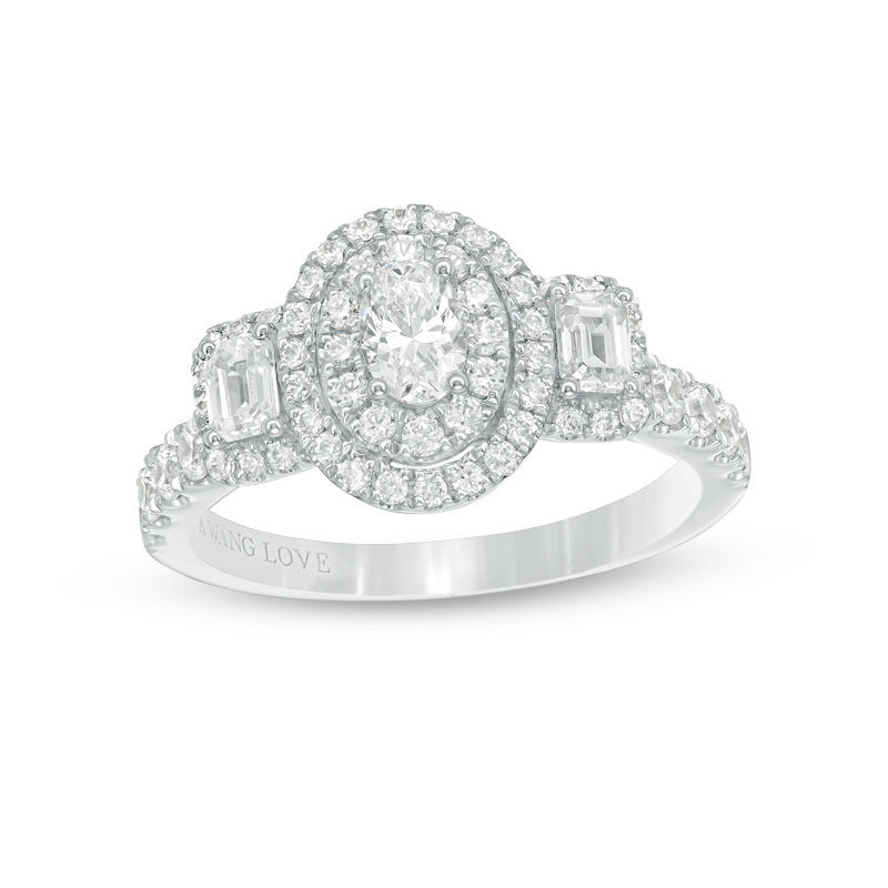 Main Image 1 of Vera Wang Love Collection 1-1/4 CT. T.W. Oval Diamond Three Stone Frame Engagement Ring in 14K White Gold