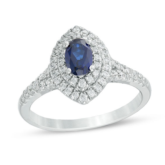 Oval Lab-Created Blue and White Sapphire Marquise Frame Ring in Sterling Silver