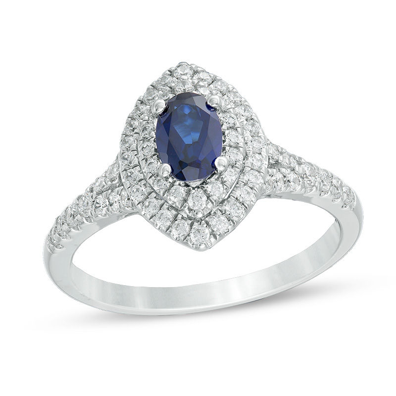 Main Image 1 of Oval Lab-Created Blue and White Sapphire Marquise Frame Ring in Sterling Silver