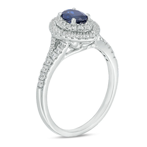 Oval Lab-Created Blue and White Sapphire Marquise Frame Ring in Sterling Silver