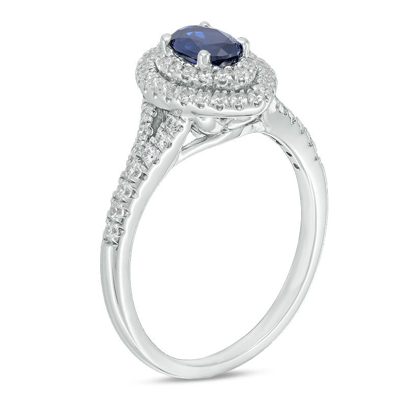 Main Image 2 of Oval Lab-Created Blue and White Sapphire Marquise Frame Ring in Sterling Silver