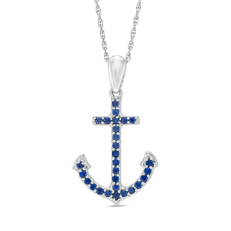 Main Image 1 of Lab-Created Blue Sapphire Anchor Pendant in Sterling Silver