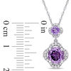 Thumbnail Image 1 of Amethyst and 1/5 CT. T.W. Diamond Clover Frame Double Drop Pendant in 14K White Gold - 17"