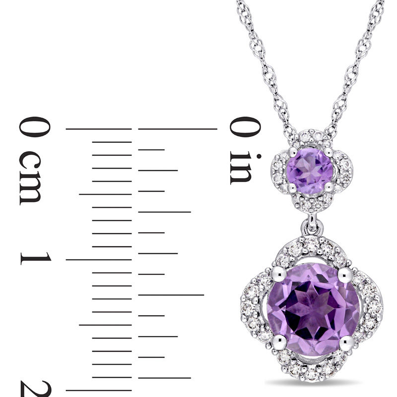 Amethyst and 1/5 CT. T.W. Diamond Clover Frame Double Drop Pendant in 14K White Gold - 17"