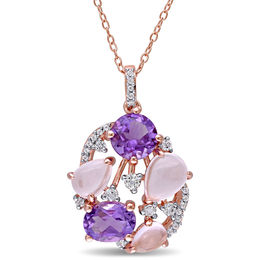 Multi-Shaped Amethyst, Rose Quartz and White Topaz Cluster Pendant in Sterling Silver with Rose Rhodium Plate