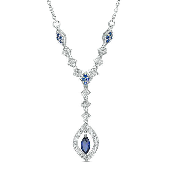 Lab-Created Blue and White Sapphire Vintage-Style "Y" Necklace in Sterling Silver - 14" Lab-Created Blue and White Sapphire Vintage-Style "Y" Necklace in Sterling Silver - 14"