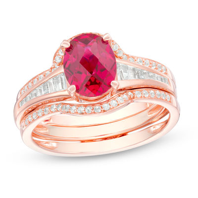 Oval Lab Created Ruby And White Sapphire Bridal Set In Sterling
