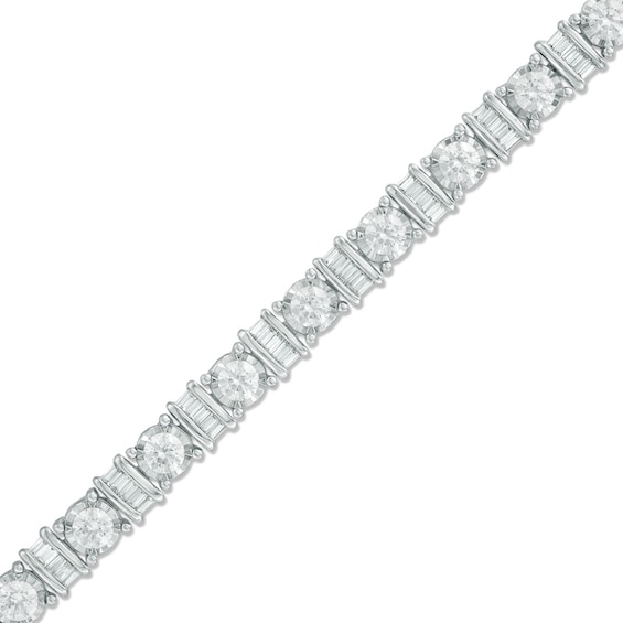 3 CT. T.w. Baguette and Round Diamond Alternating Bracelet in 10K White Gold - 7.5"