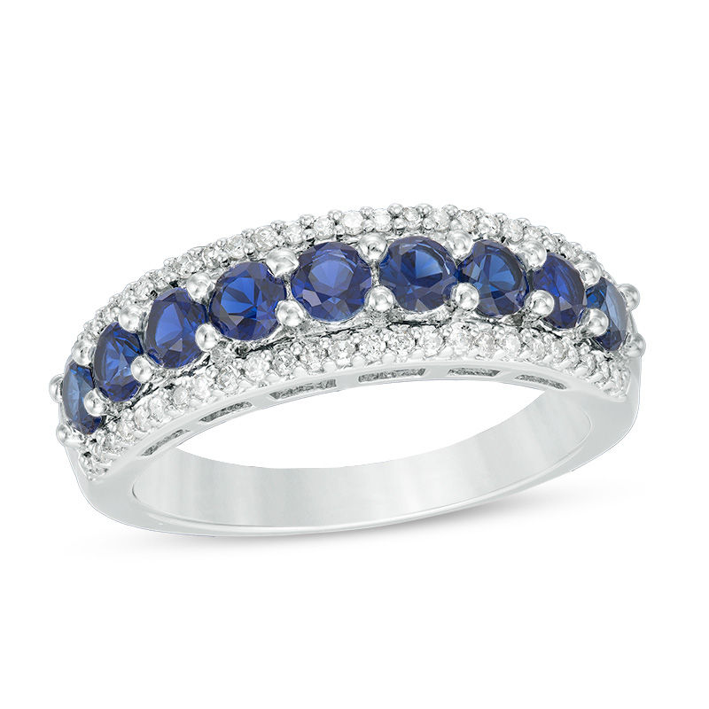 Main Image 1 of Lab-Created Blue Sapphire and 1/5 CT. T.W. Diamond Nine Stone Anniversary Band in Sterling Silver