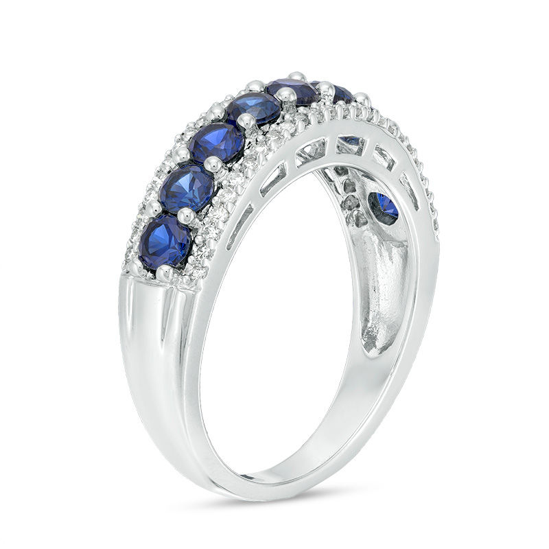 Main Image 2 of Lab-Created Blue Sapphire and 1/5 CT. T.W. Diamond Nine Stone Anniversary Band in Sterling Silver
