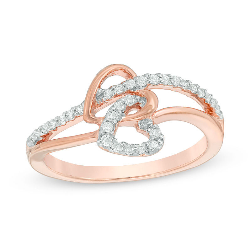 1/5 CT. T.W. Diamond Interlocking Double Heart Ring in 10K Rose Gold