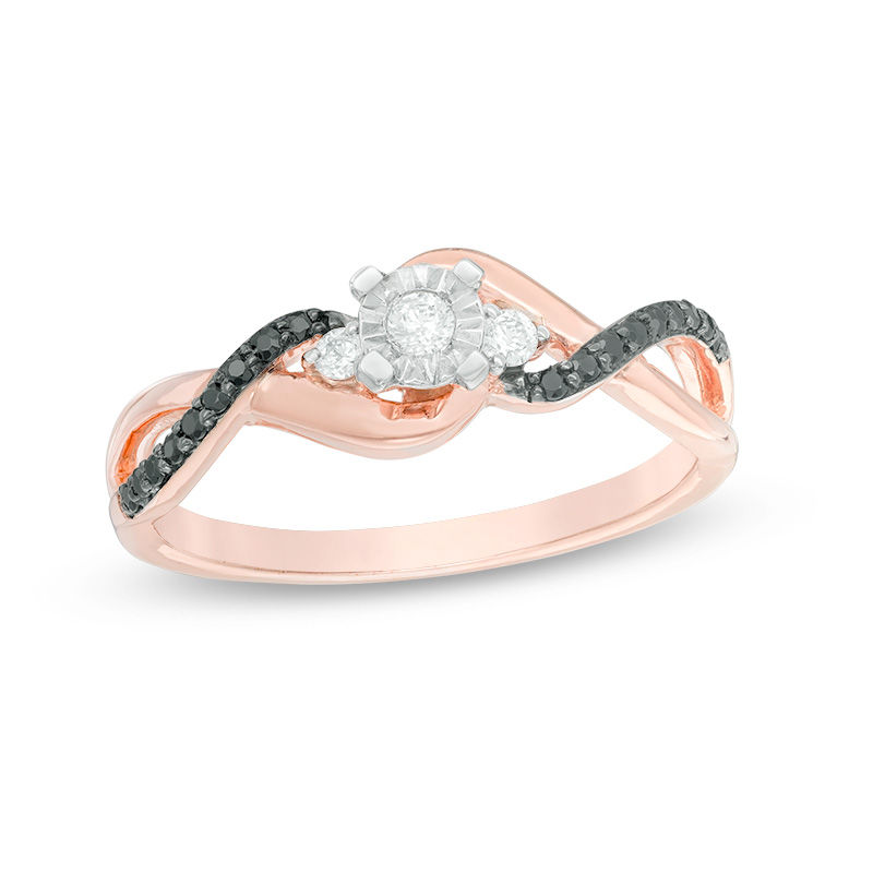 1/6 CT. T.W. Enhanced Black and White Diamond Twist Promise Ring in 10K Rose Gold