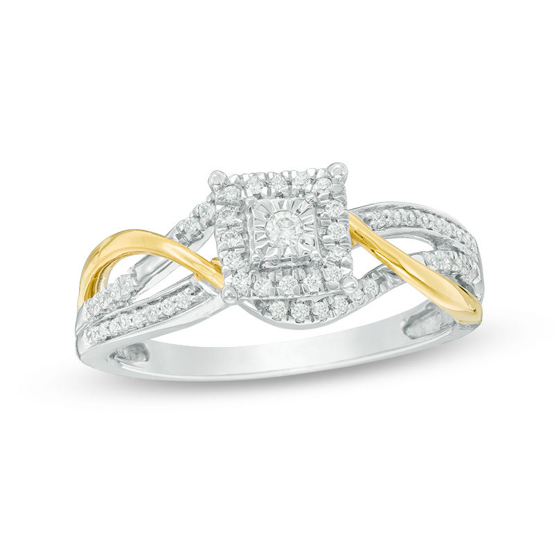 1/5 CT. T.W. Diamond Square Frame Bypass Promise Ring in Sterling Silver and 10K Gold