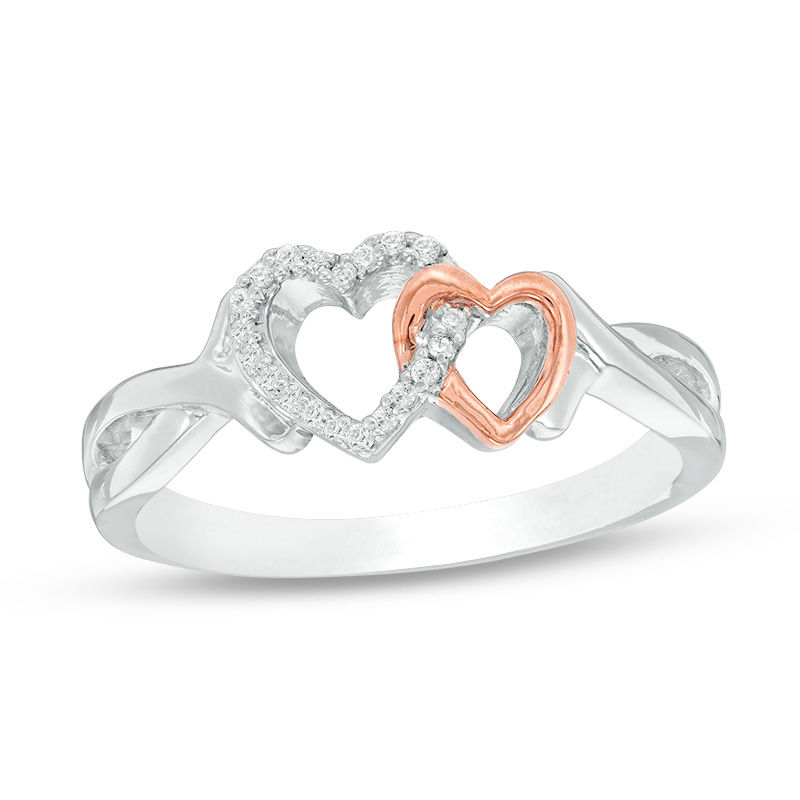 1/20 CT. T.W. Diamond Interlocking Double Heart Ring in Sterling Silver and 10K Rose Gold