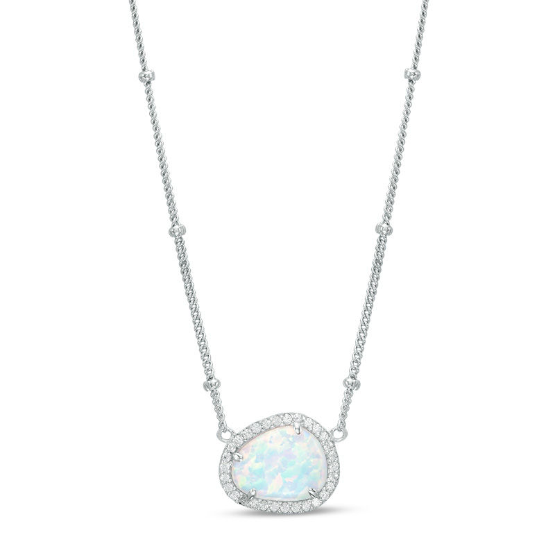 Pear-Shaped Lab-Created Opal and White Sapphire Frame Necklace in Sterling Silver - 16"