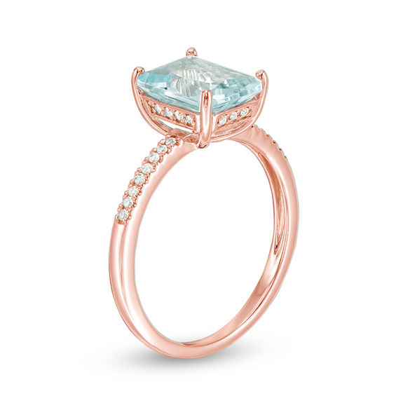 Emerald-Cut Aquamarine and 1/10 CT. T.w. Diamond Ring in 14K Rose Gold