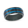 Thumbnail Image 1 of 8.0mm Brick Pattern Wedding Band in Blue and Black IP Stainless Steel