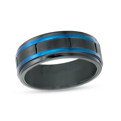 Men's 8.0mm Brick Pattern Wedding Band in Blue and Black IP