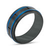 Thumbnail Image 2 of 8.0mm Brick Pattern Wedding Band in Blue and Black IP Stainless Steel