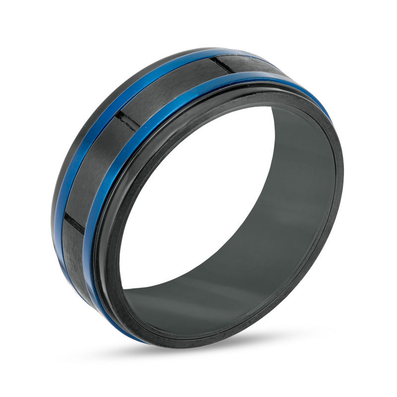 Men's 8.0mm Brick Pattern Wedding Band in Blue and Black IP Stainless Steel