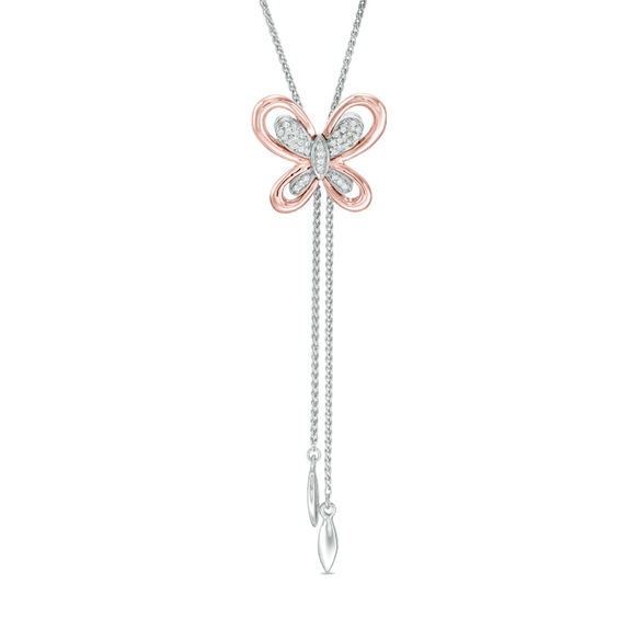 1/15 CT. T.w. Diamond Butterfly Lariat Bolo Necklace in Sterling Silver and 10K Rose Gold - 26"