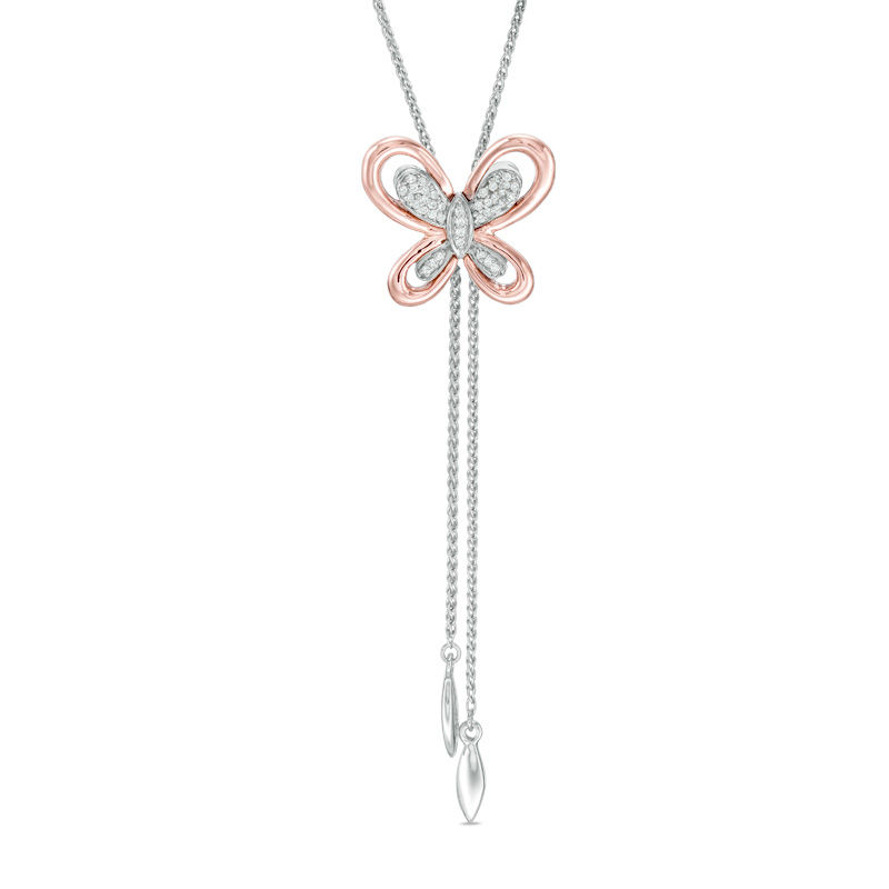 Main Image 1 of 1/15 CT. T.W. Diamond Butterfly Lariat Bolo Necklace in Sterling Silver and 10K Rose Gold - 26"